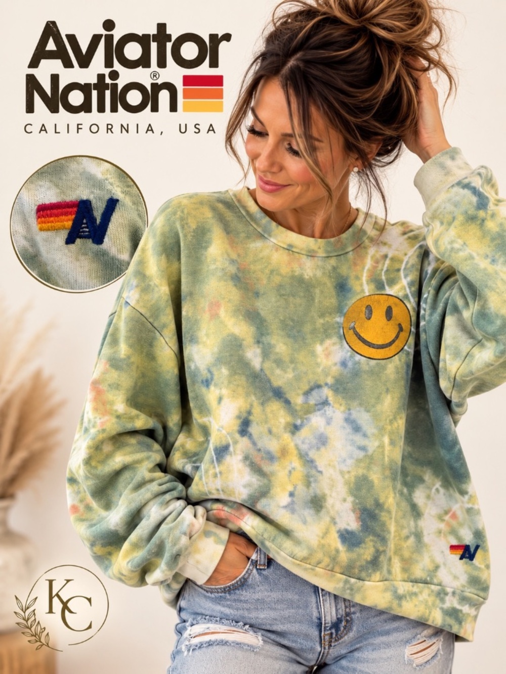 Aviator Nation Hand Dyed Smiley 2 Crew Sweatshirt Tie Dye M